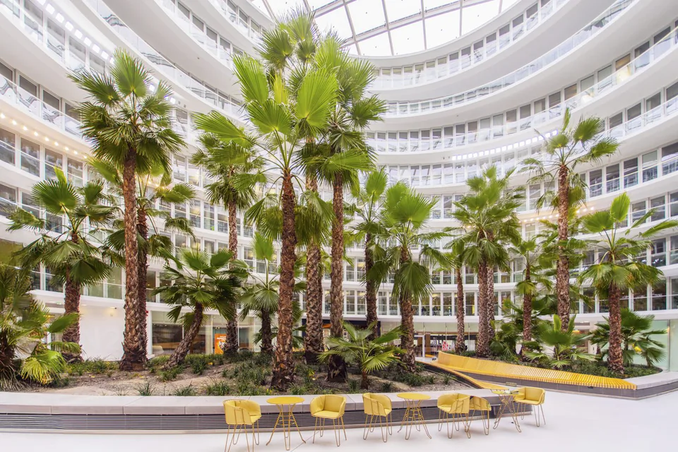 Lichtdurchflutetes Atrium mit hohen Palmen, geschwungenen weißen Galerien und gelben Stühlen unter einem Glasdach.