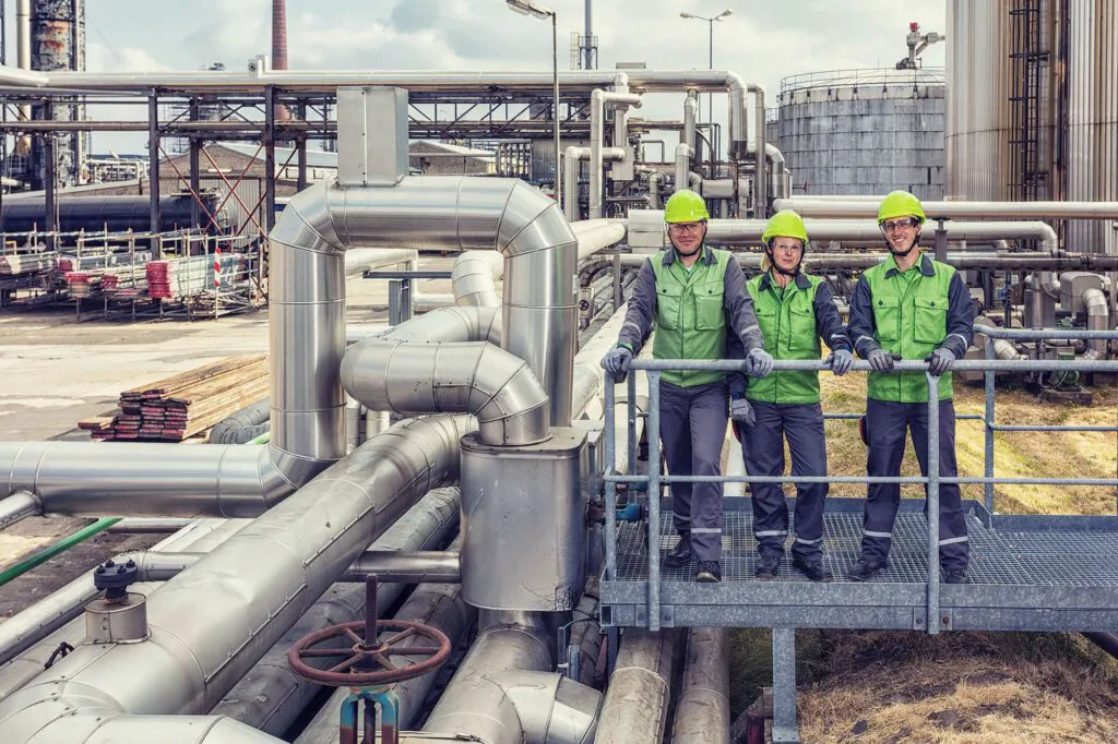 Drei Personen mit grünen Schutzhelmen stehen auf einer Metallplattform zwischen Rohrleitungen der Raffinerie Heide.