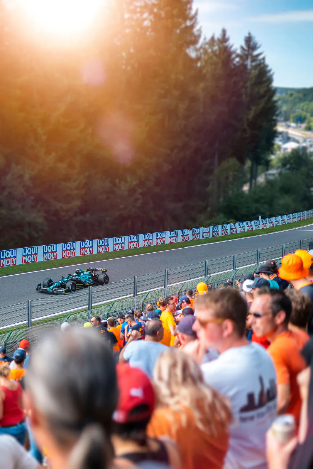 Formel-1-Rennwagen auf der Strecke vor bewaldeter Kulisse, Zuschauer auf der Tribüne im warmen Gegenlicht.