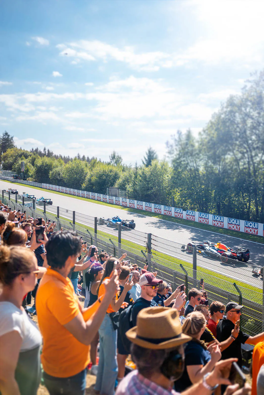 Zuschauer fotografieren Formel-1-Wagen auf der sonnigen Rennstrecke, darunter ein RedBull-Racing-Auto.