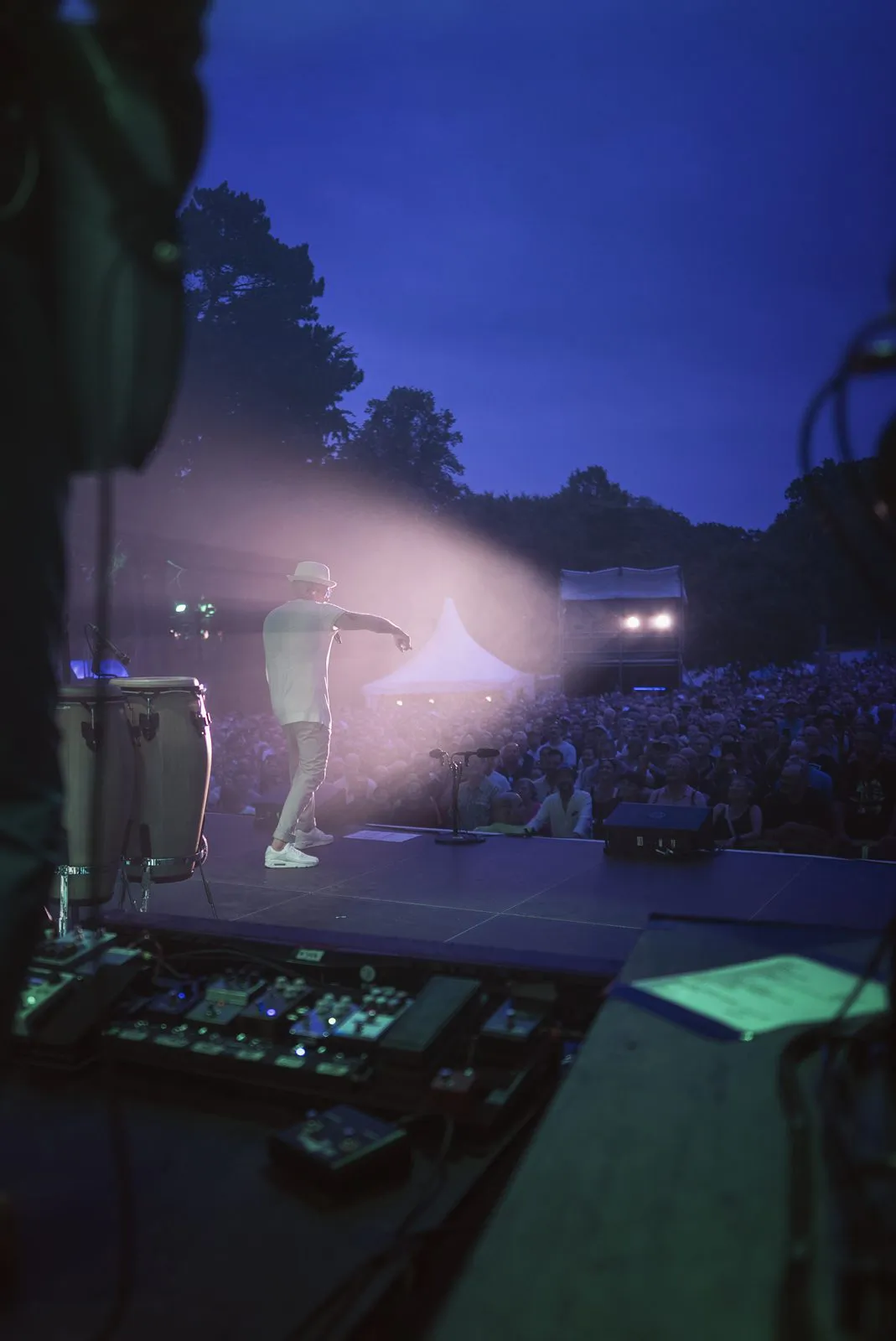 Sänger mit Hut im rosa Bühnenlicht vor dichtem Publikum bei einem Open-Air-Konzert in der Dämmerung.