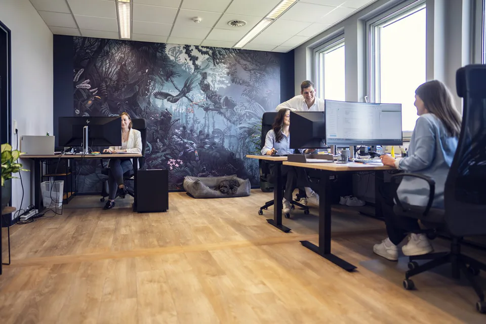 Vier Personen an Computerarbeitsplätzen im hellen Büro mit großen Fenstern, Holzboden und Waldtapete.