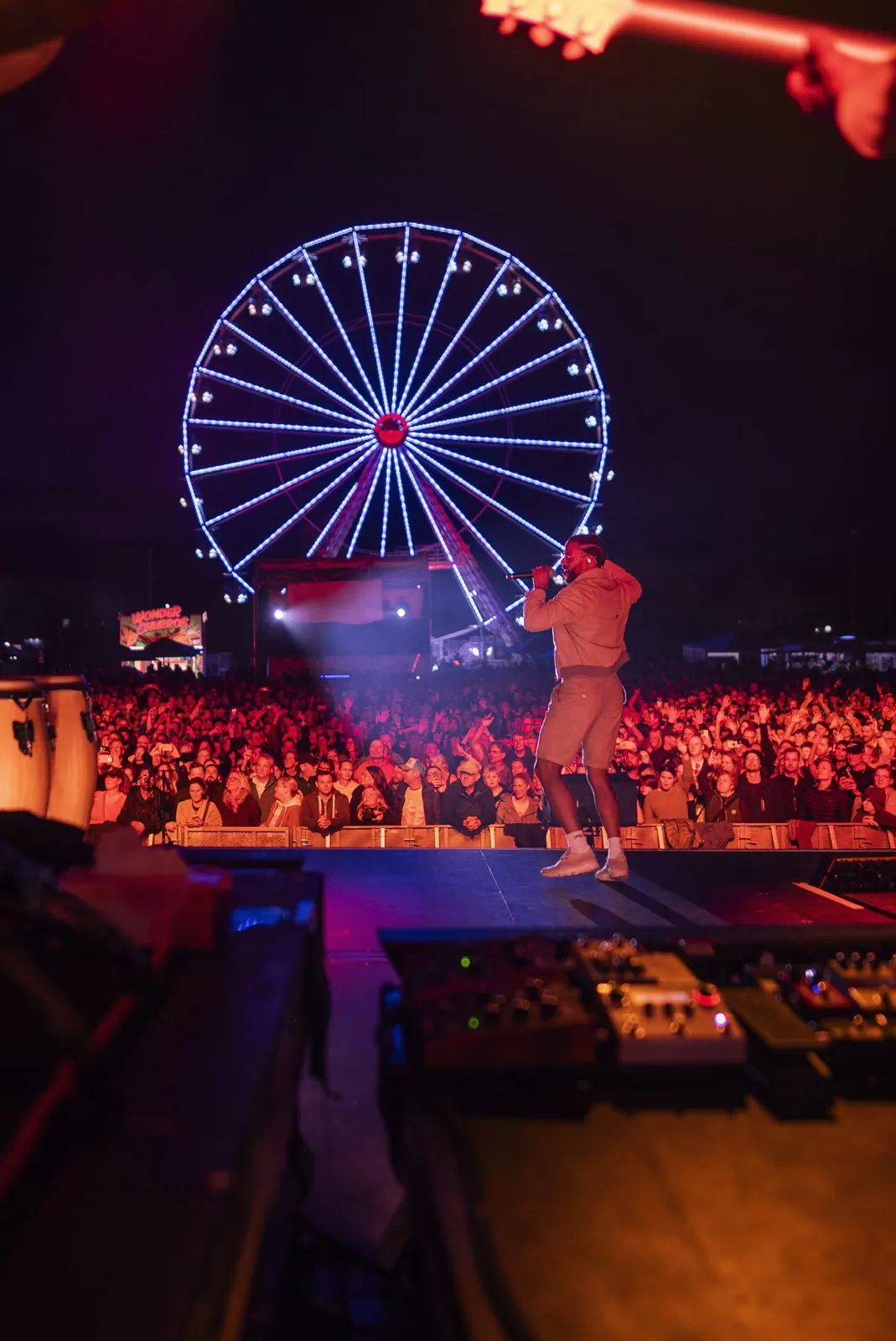 Jan Delay singt auf einer rot beleuchteten Open-Air-Bühne vor dichtem Publikum und leuchtendem Riesenrad.