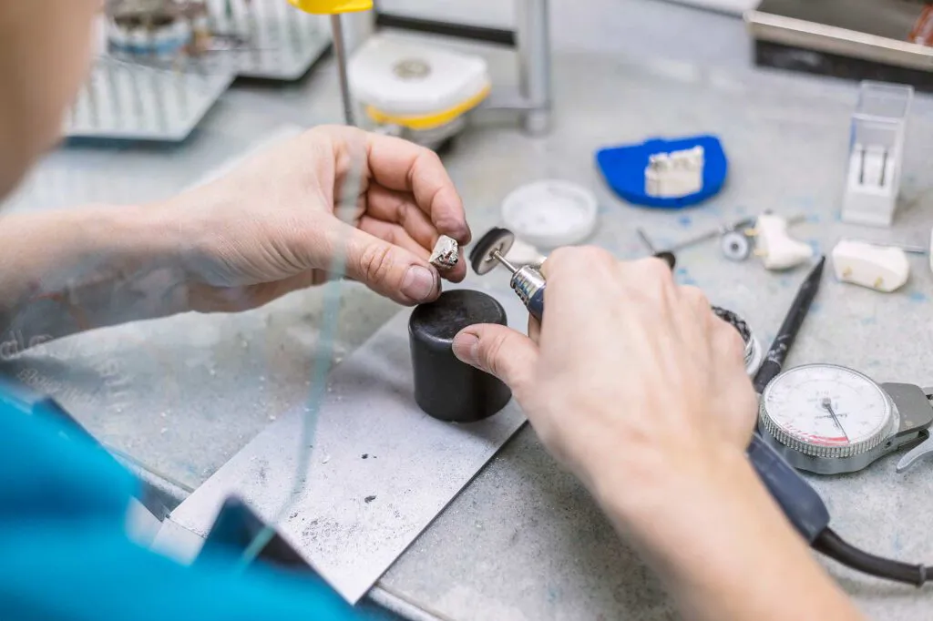 Hände bearbeiten ein kleines Metallteil mit einem Handstück am Arbeitsplatz im Dentallabor.