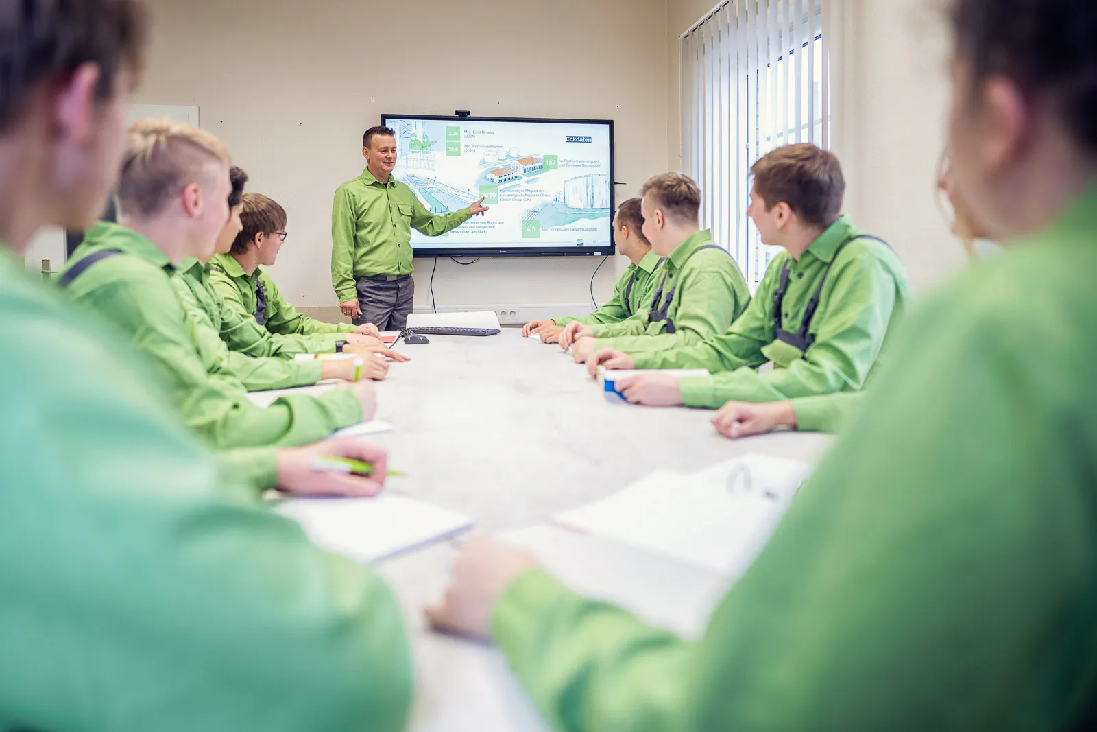 Gruppe in grüner Arbeitskleidung sitzt im hellen Schulungsraum; ein Mann erklärt eine Grafik am Bildschirm.