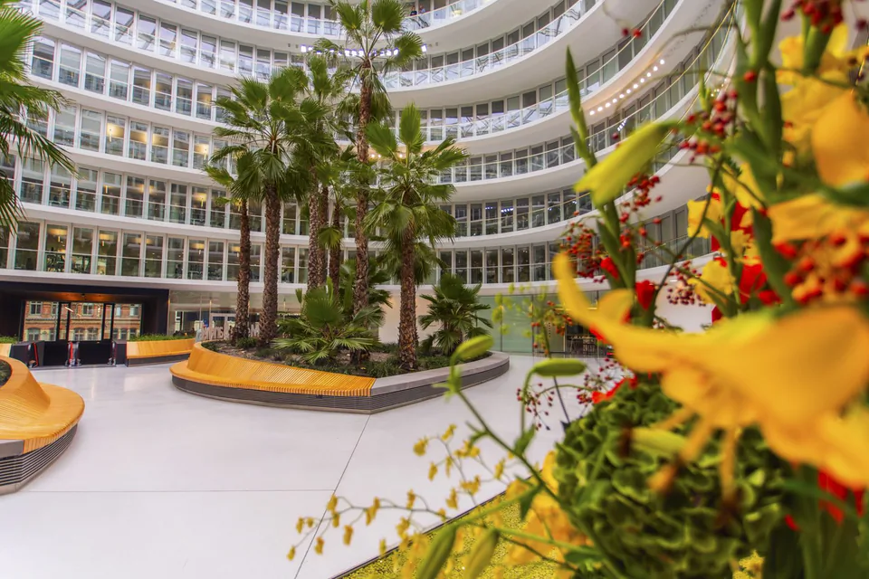 Lichtdurchflutetes Atrium mit Palmen, geschwungenen Holzbänken, umlaufenden Fensterreihen und Blumen im Vordergrund.