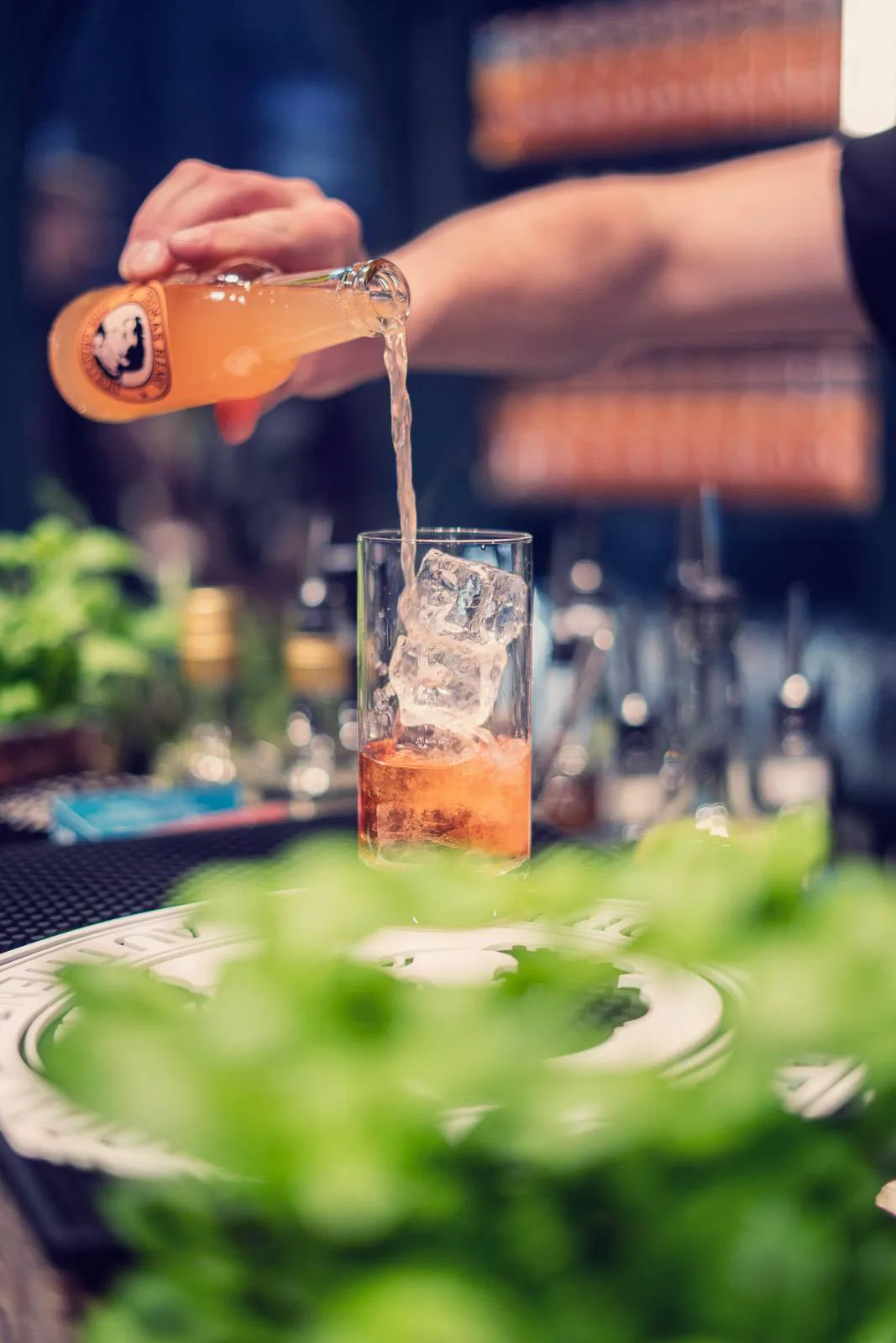 Eine Hand gießt ein orangefarbenes Getränk aus einer Glasflasche in ein hohes Glas mit Eis; Kräuter stehen im Vordergrund.