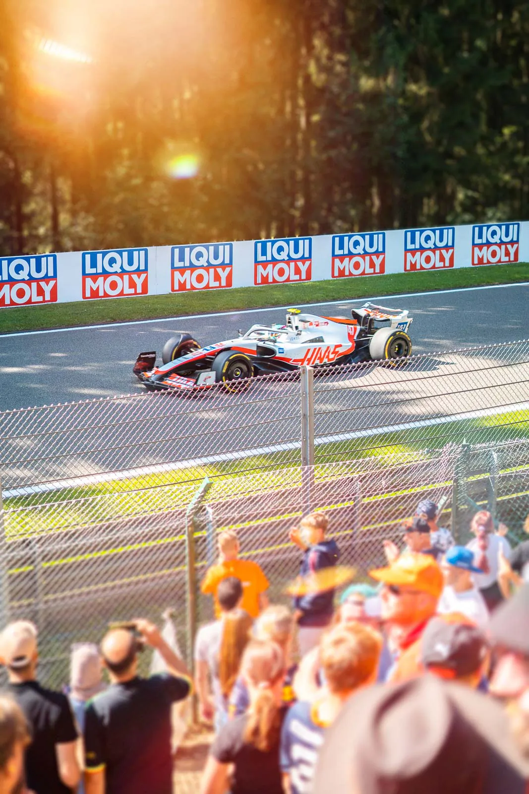 Haas-Formel-1-Wagen auf der Rennstrecke im warmen Gegenlicht, Zuschauer hinter dem Sicherheitszaun.