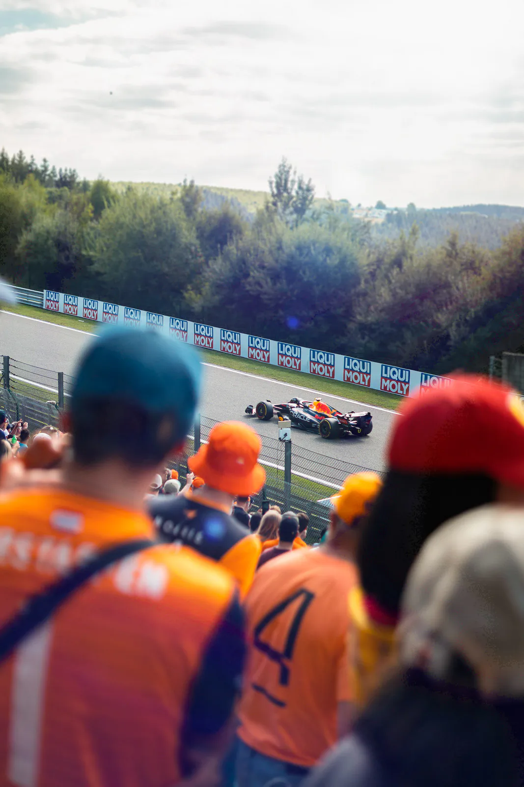 RedBull-Racing-F1-Wagen auf der sonnigen Rennstrecke, davor Fans in Orange, dahinter Wald.