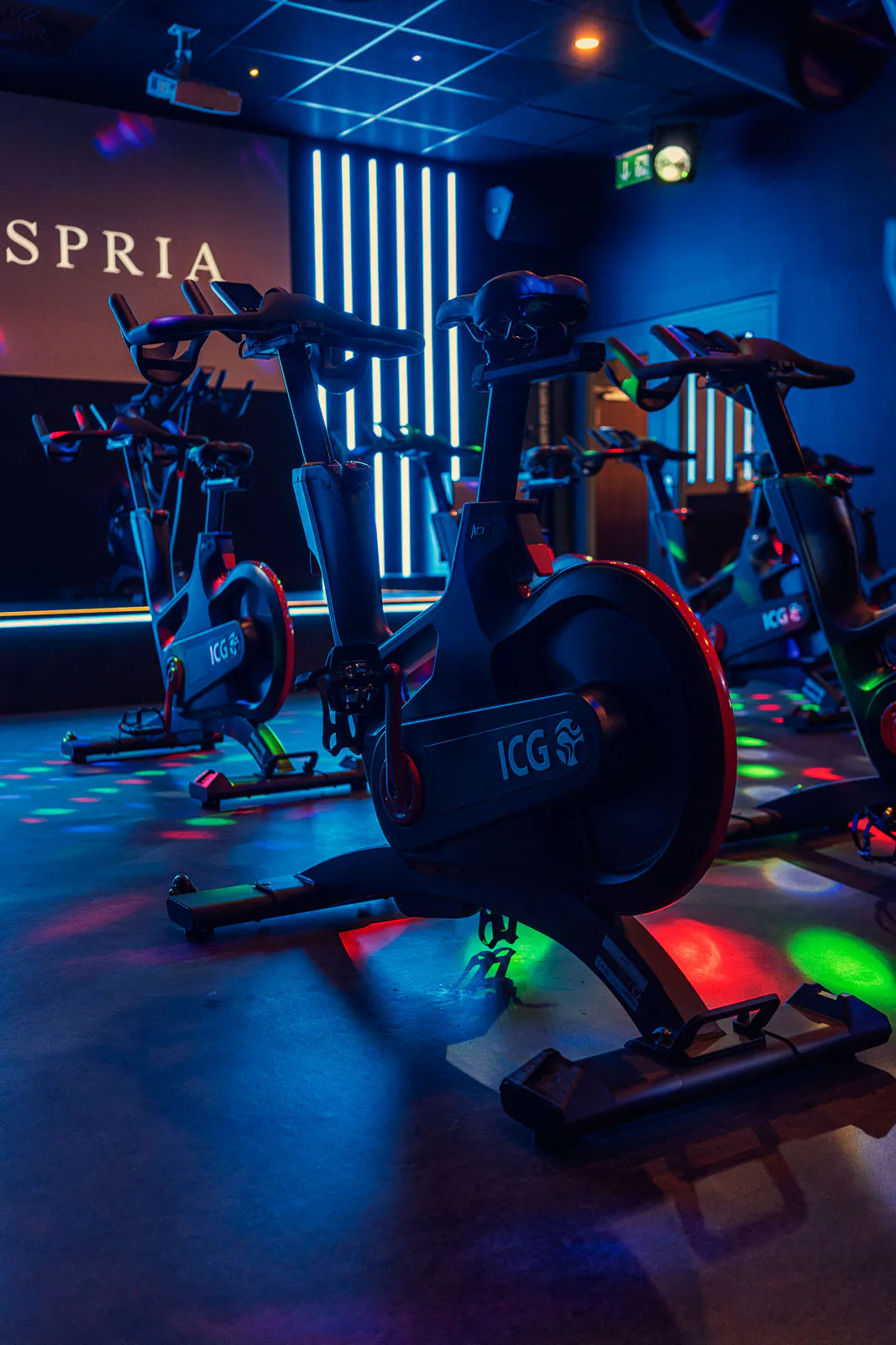 Indoor-Cycling-Räder in einem dunklen Fitnessraum mit blauen Lichtleisten und bunten Lichtpunkten auf dem Boden.
