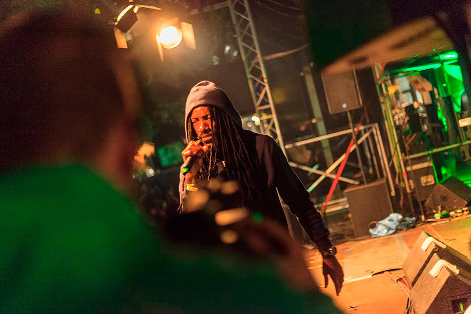 Sänger mit Dreadlocks und Kapuze singt beim Reggae Jam ins Mikrofon, im warmen Bühnenlicht vor Publikum.