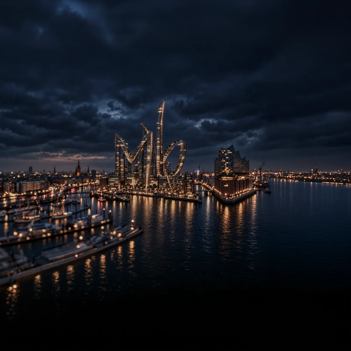 Nächtlicher Hamburger Hafen mit Elbphilharmonie und inszeniertem MB-Gebäude