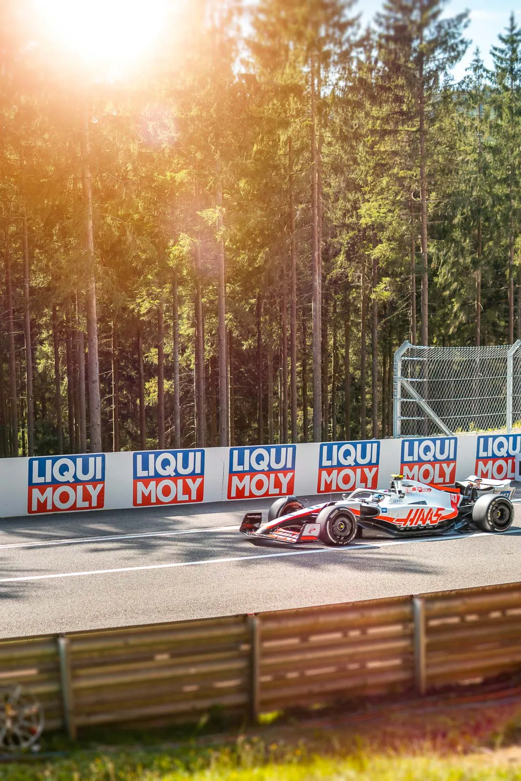 Haas-Formel-1-Wagen auf einer Rennstrecke vor Nadelwald, Leitplanken und Werbebanden im warmen Gegenlicht.