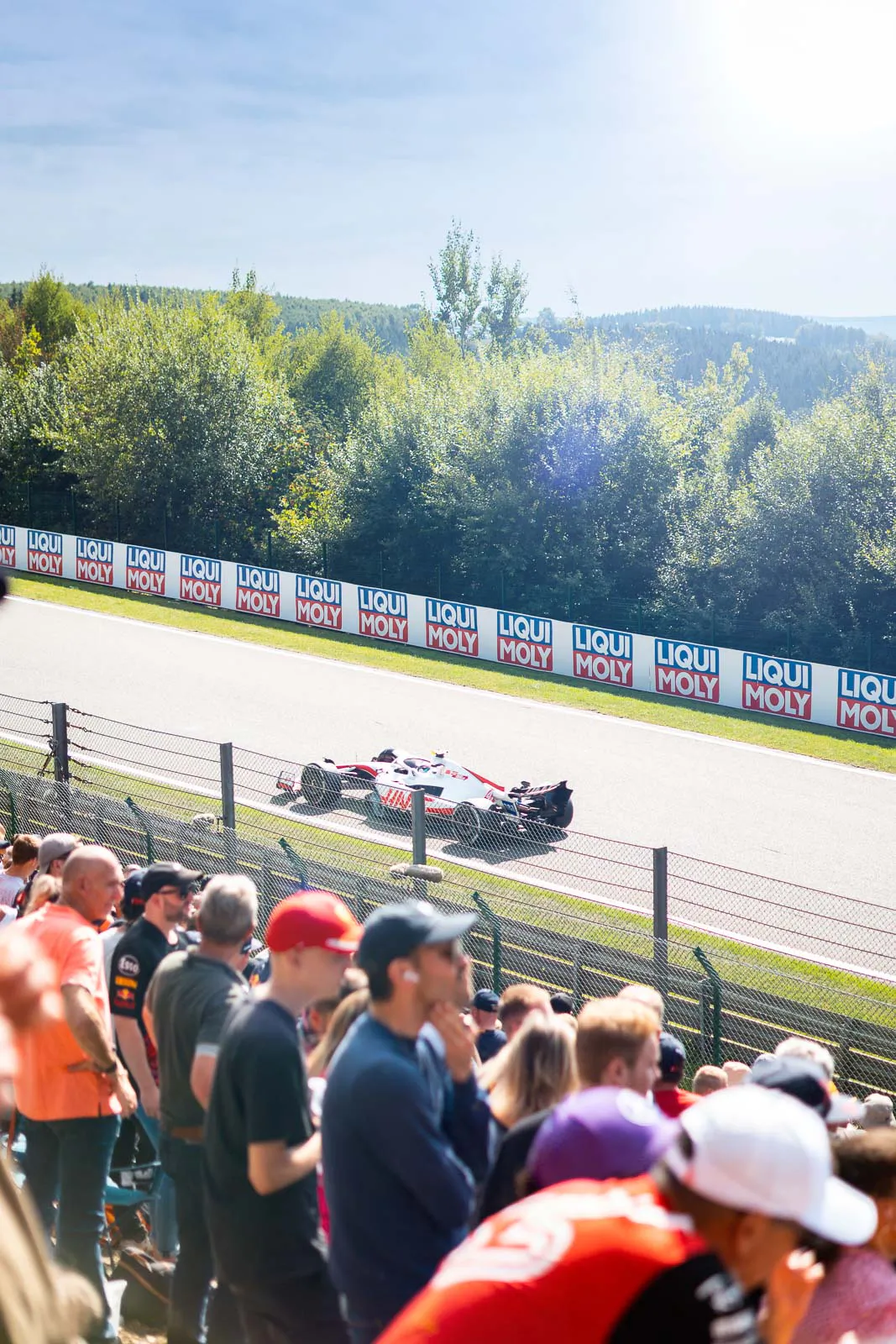 Haas-F1-Rennwagen auf sonniger Rennstrecke, Zuschauer hinter einem Zaun im Vordergrund, Wald im Hintergrund.
